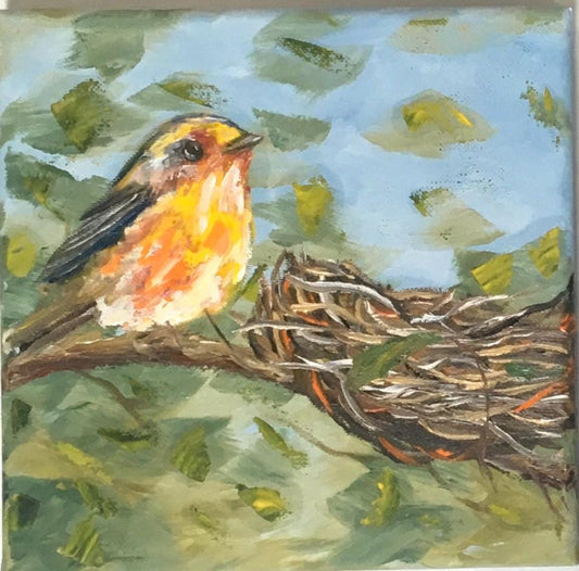 Original oil painting 8x8 inches bird nest art ready ooak wall hanging gift