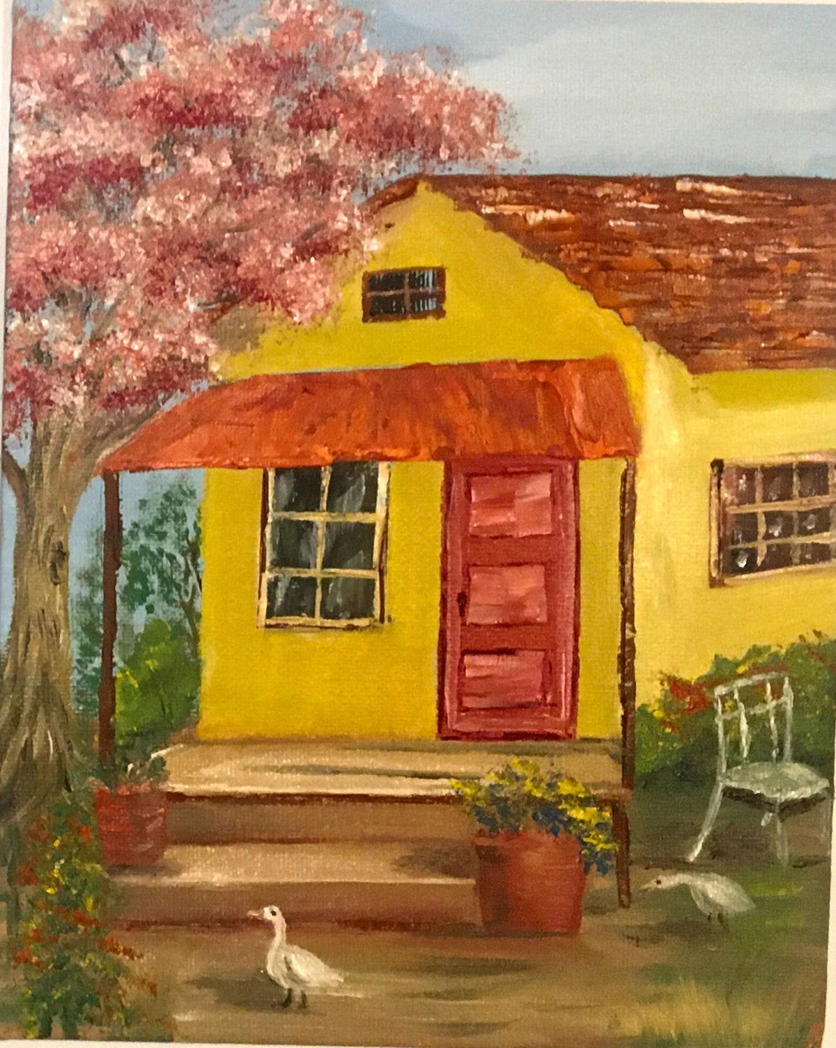 Yellow house cozy home cherry tree Original oil painting art wall hanging
