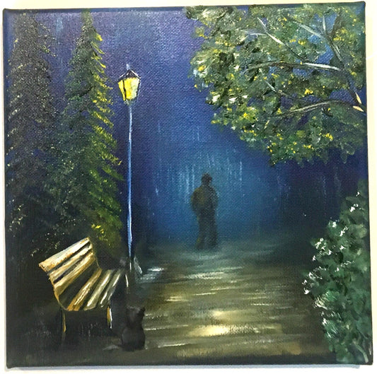 Original oil painting 8x8 inches rainy night cat person art ready ooak wall hanging gift