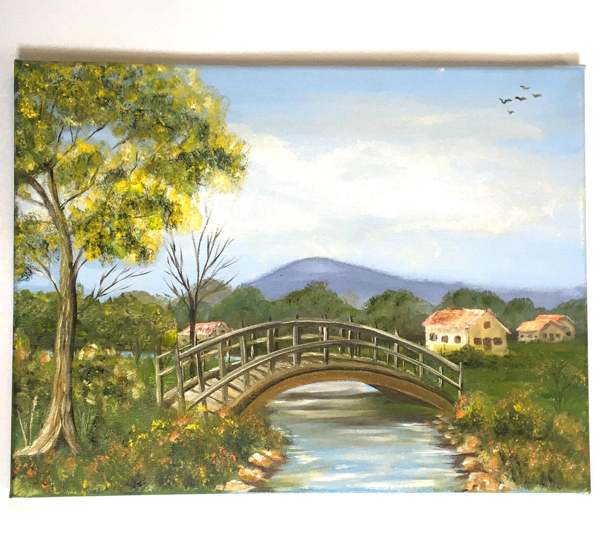 Landscape bridge 16x20 inches Original oil painting outdoor sunny day art wall hanging
