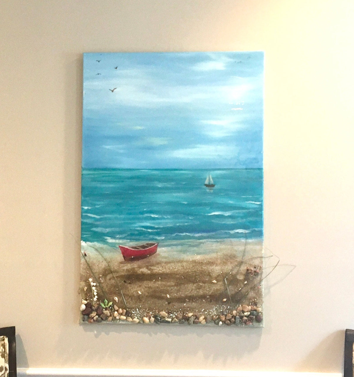 Original art beach seascape boat relaxing resin glass art 3D painting canvas art wall hanging