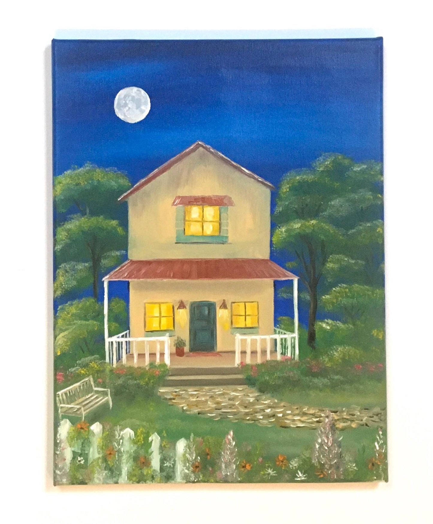 Night full moon Yellow house cozy home Original oil painting art wall hanging
