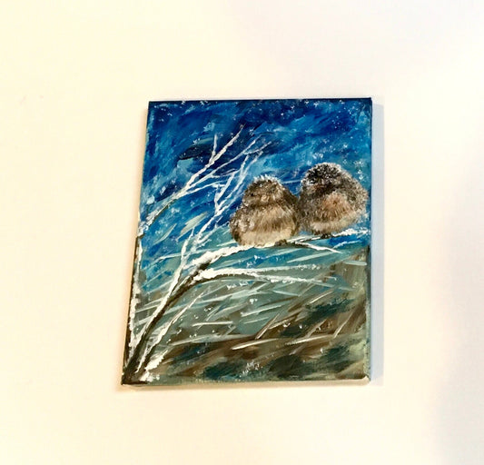 Love forever 8x10 inches Original oil painting birds chickadee in snow storm art ready wall hanging