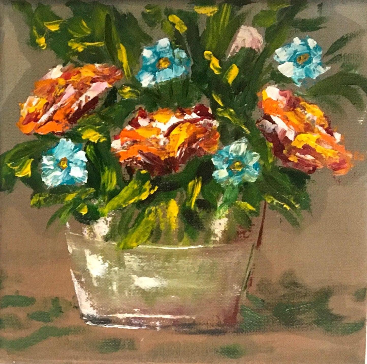 Original oil painting 8x8 inches blue red flower glass vase art ready ooak wall hanging gift