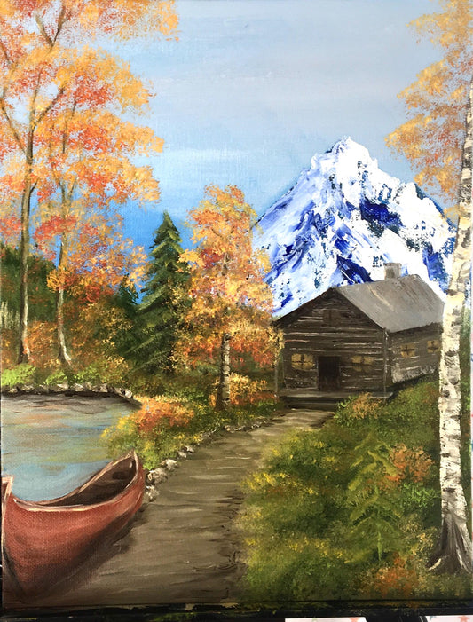 14x11 inches Landscape relaxing outdoor boat stream cottage trees Original oil painting art wall hanging