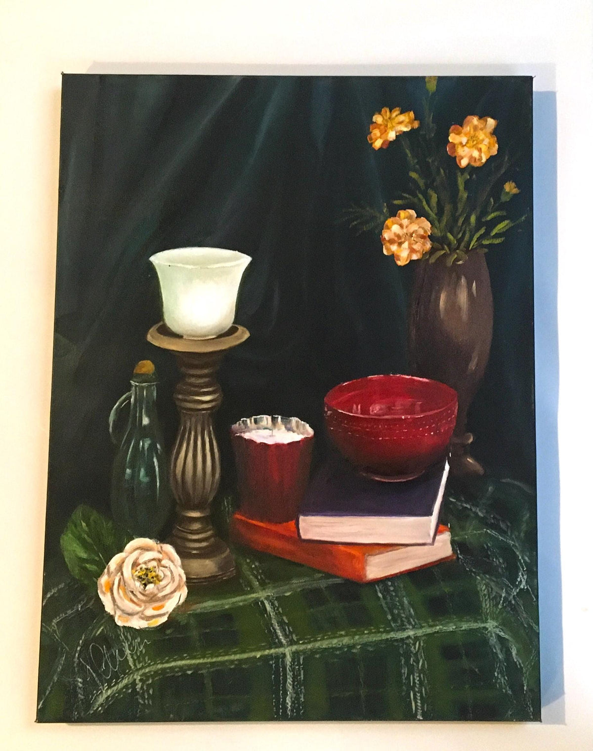 Original oil painting still life flowers art ready ooak wall hanging