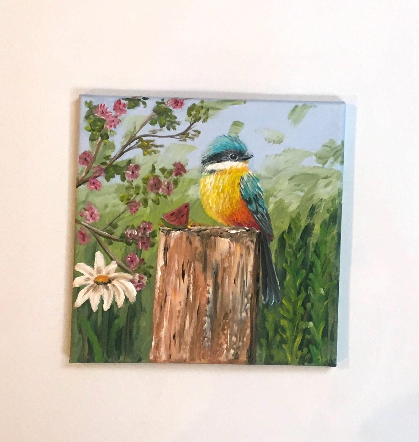 10x10 Original oil painting bird outside art ready ooak wall hanging gift