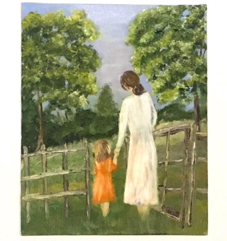 Original oil painting mother daughter entering a garden
