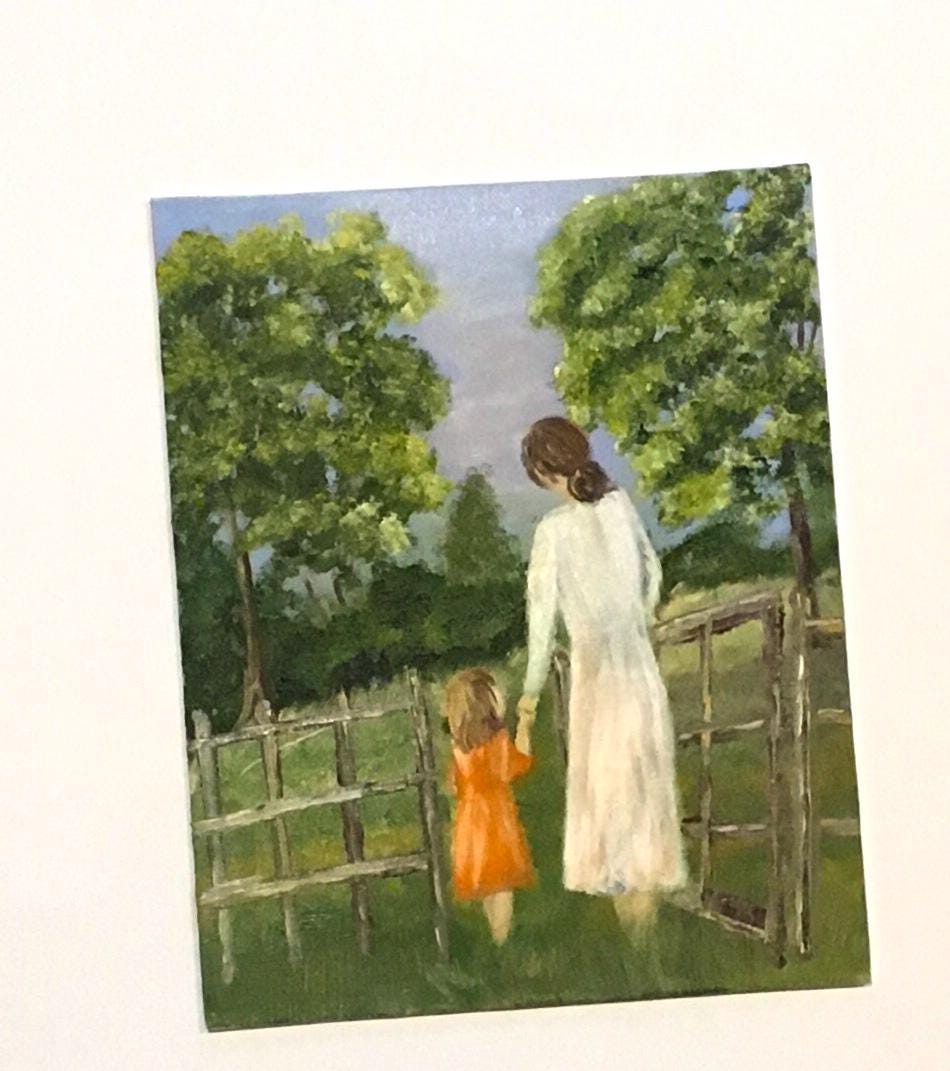 Original oil painting mother daughter entering a garden