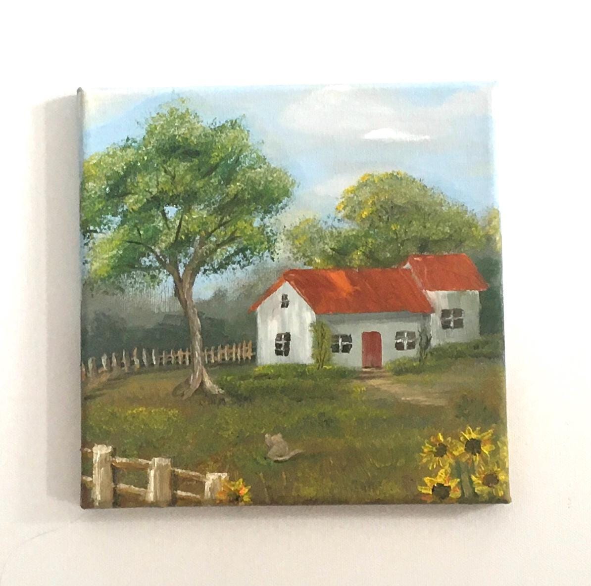 Landscape house cozy home outside flowers Original oil painting art wall hanging