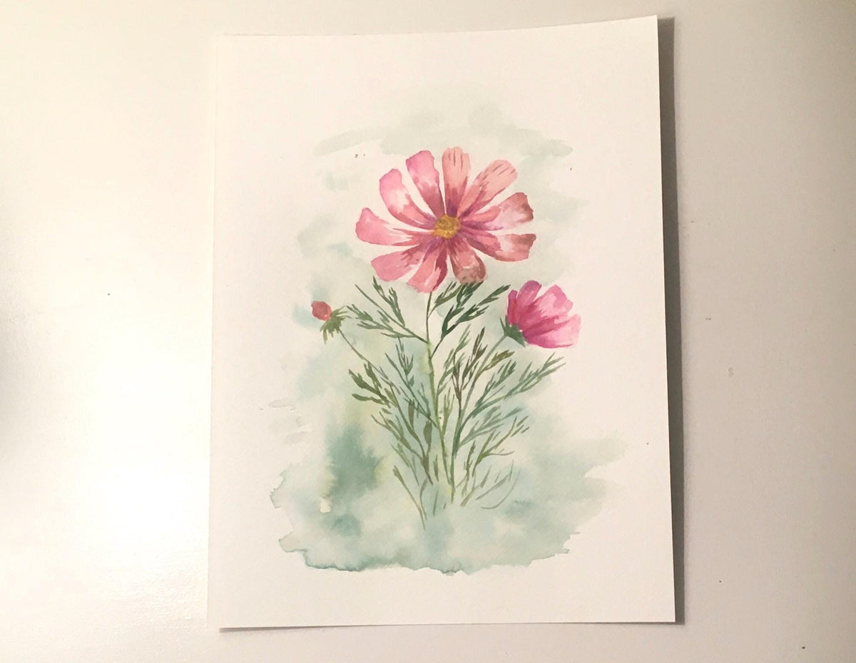 Free shipping Original painting watercolor art pink flower (not print)