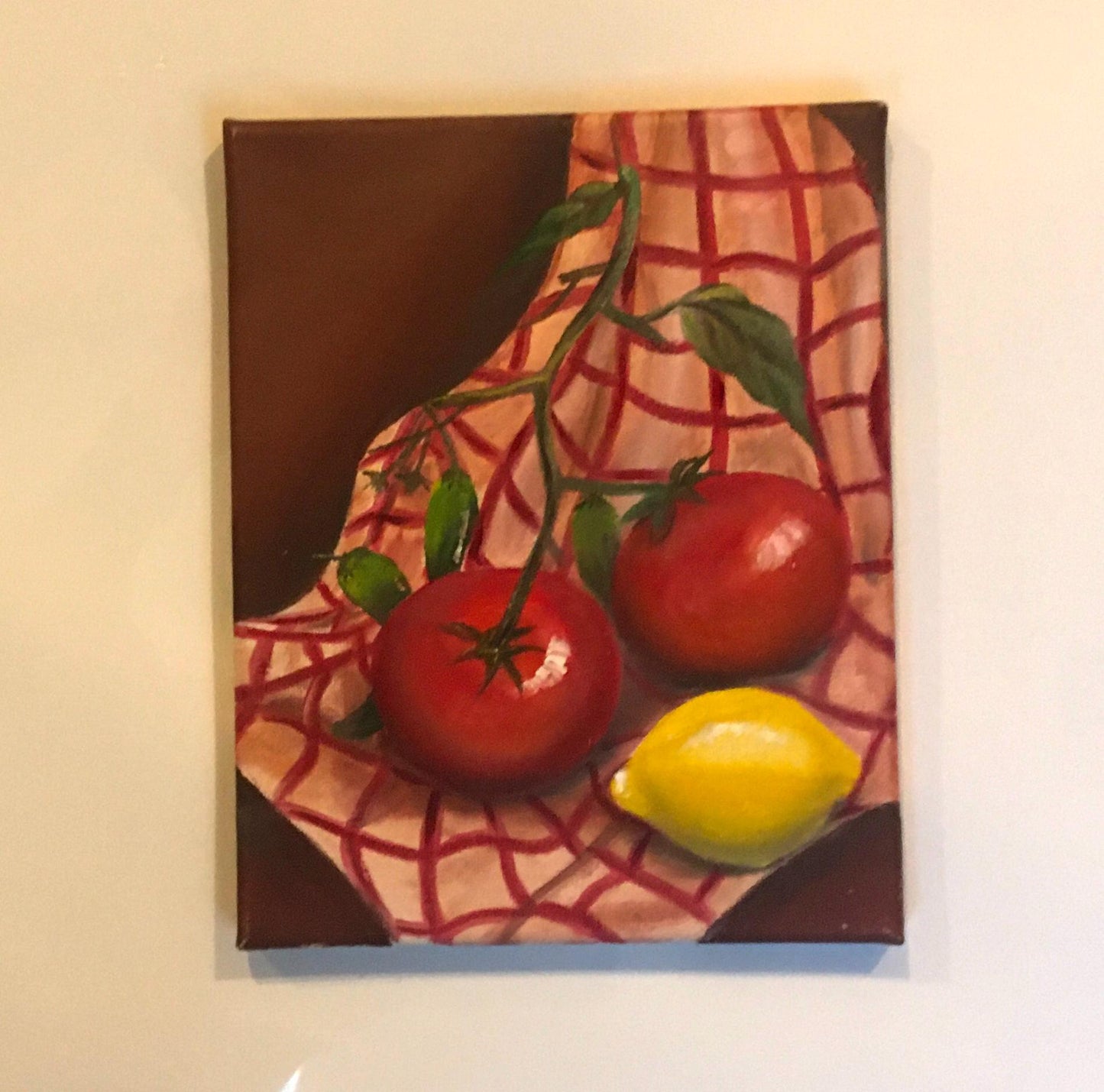 8x10 inches Original oil painting art onion tomatoes lemon kitchen food wall hanging