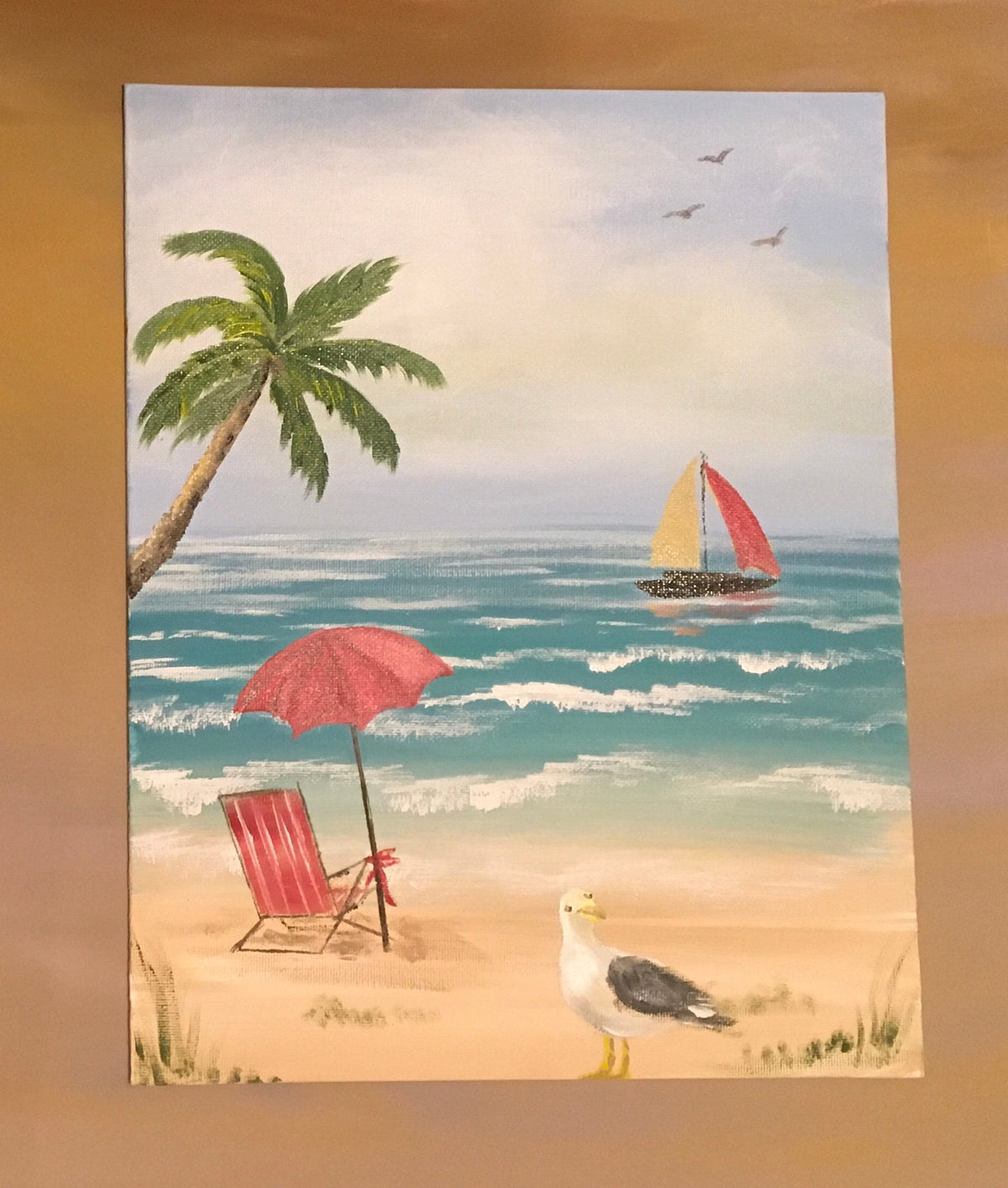 Original art beach seascape bird relaxing oil painting canvas board art wall hanging
