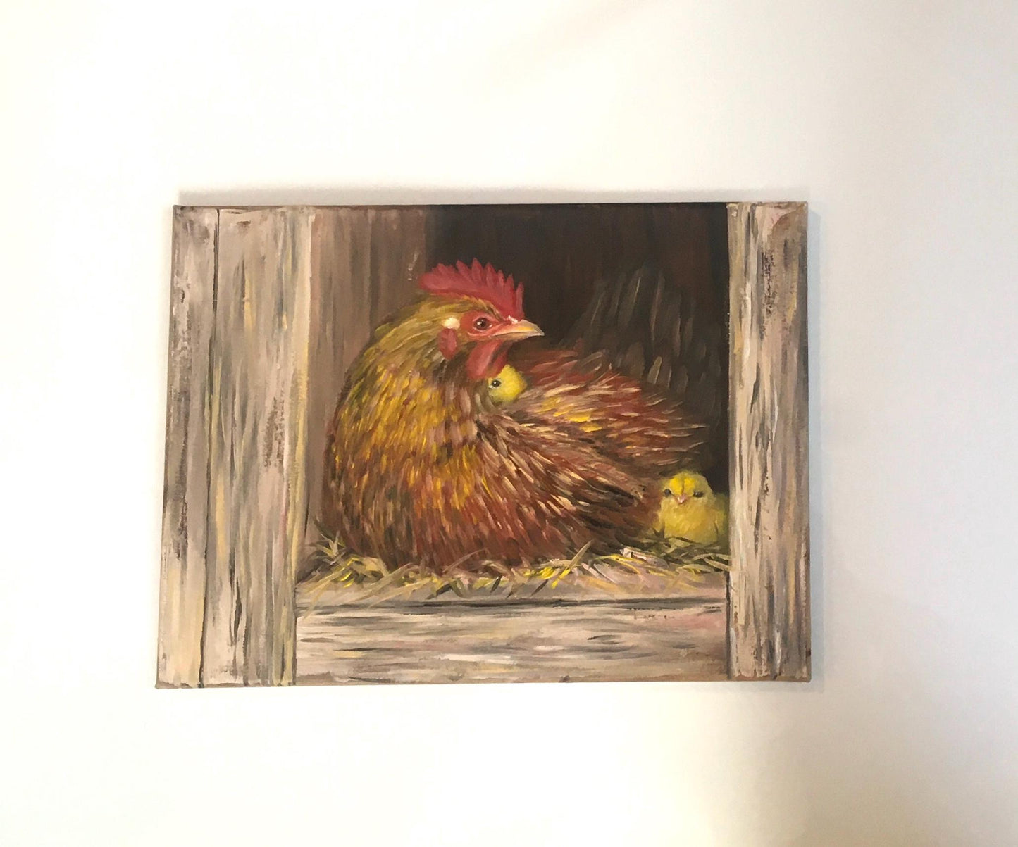 Mother hen chicks 16x12 inches Original oil painting art wall hanging
