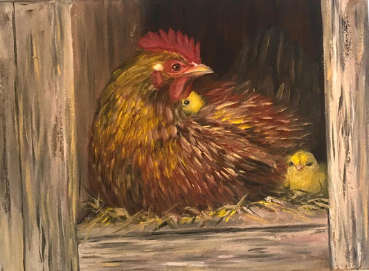 Mother hen chicks 16x12 inches Original oil painting art wall hanging