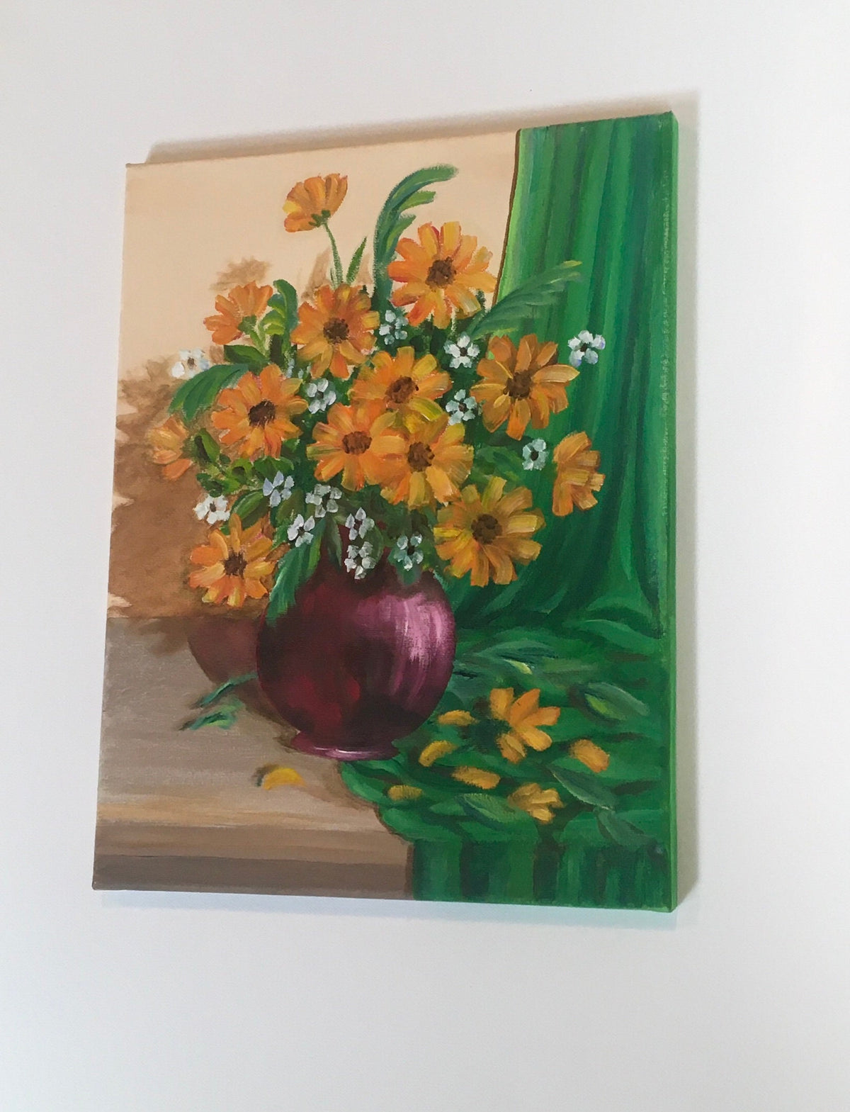 Original oil painting still life art yellow flowers bouquet wall hanging