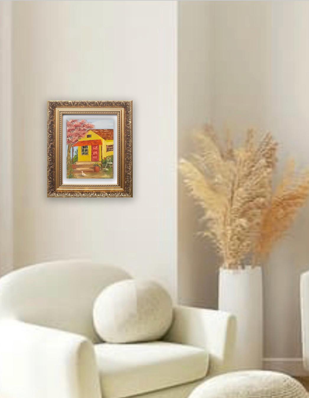 Yellow house cozy home cherry tree Original oil painting art wall hanging