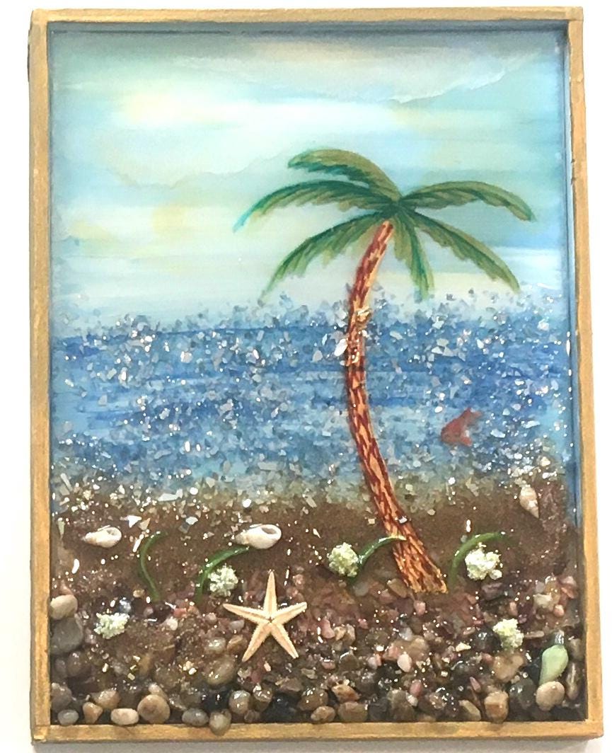 Original painting 3D glass resin art seascape beach ocean ooak collectable gift