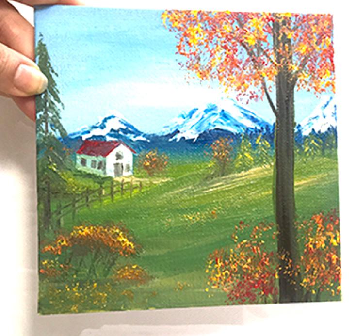 Original 6x6 inches oil painting landscape mountain trees small canvas art