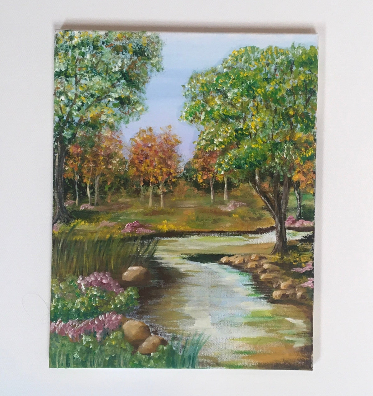 Landscape relaxing outdoor stream trees Original oil painting art wall hanging