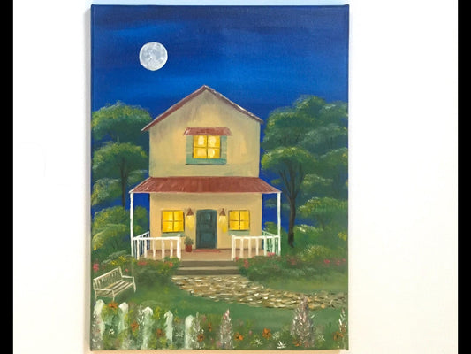 Night full moon Yellow house cozy home Original oil painting art wall hanging