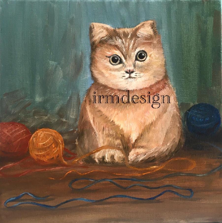 Original oil painting cat kitten yarn balls art ready ooak wall hanging gift