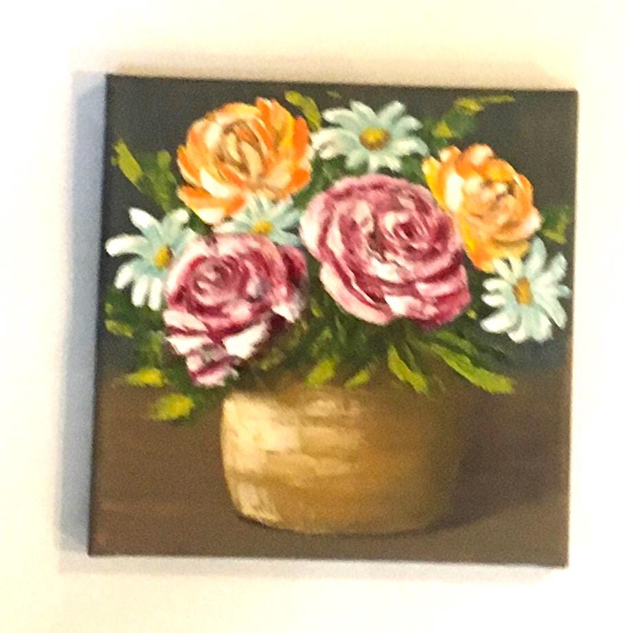 Original oil painting 8x8 inches flower vase art ready ooak wall hanging gift