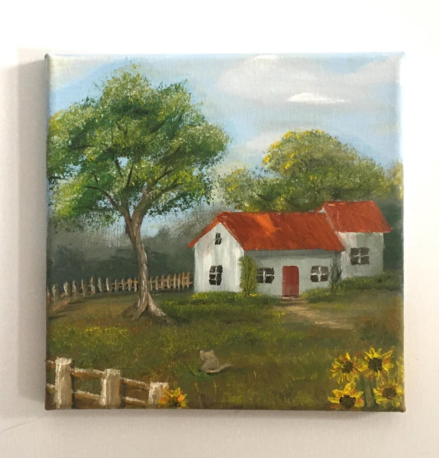 Landscape house cozy home outside flowers Original oil painting art wall hanging
