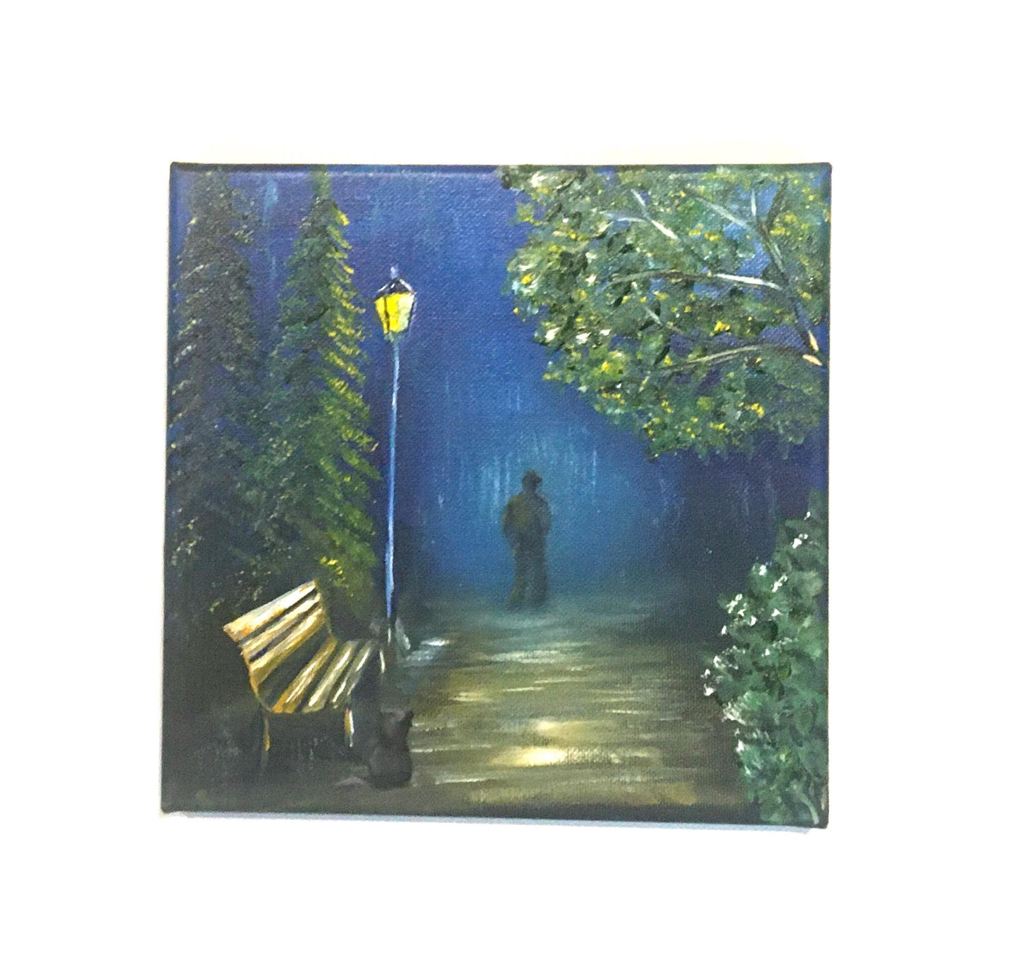 Original oil painting 8x8 inches rainy night cat person art ready ooak wall hanging gift