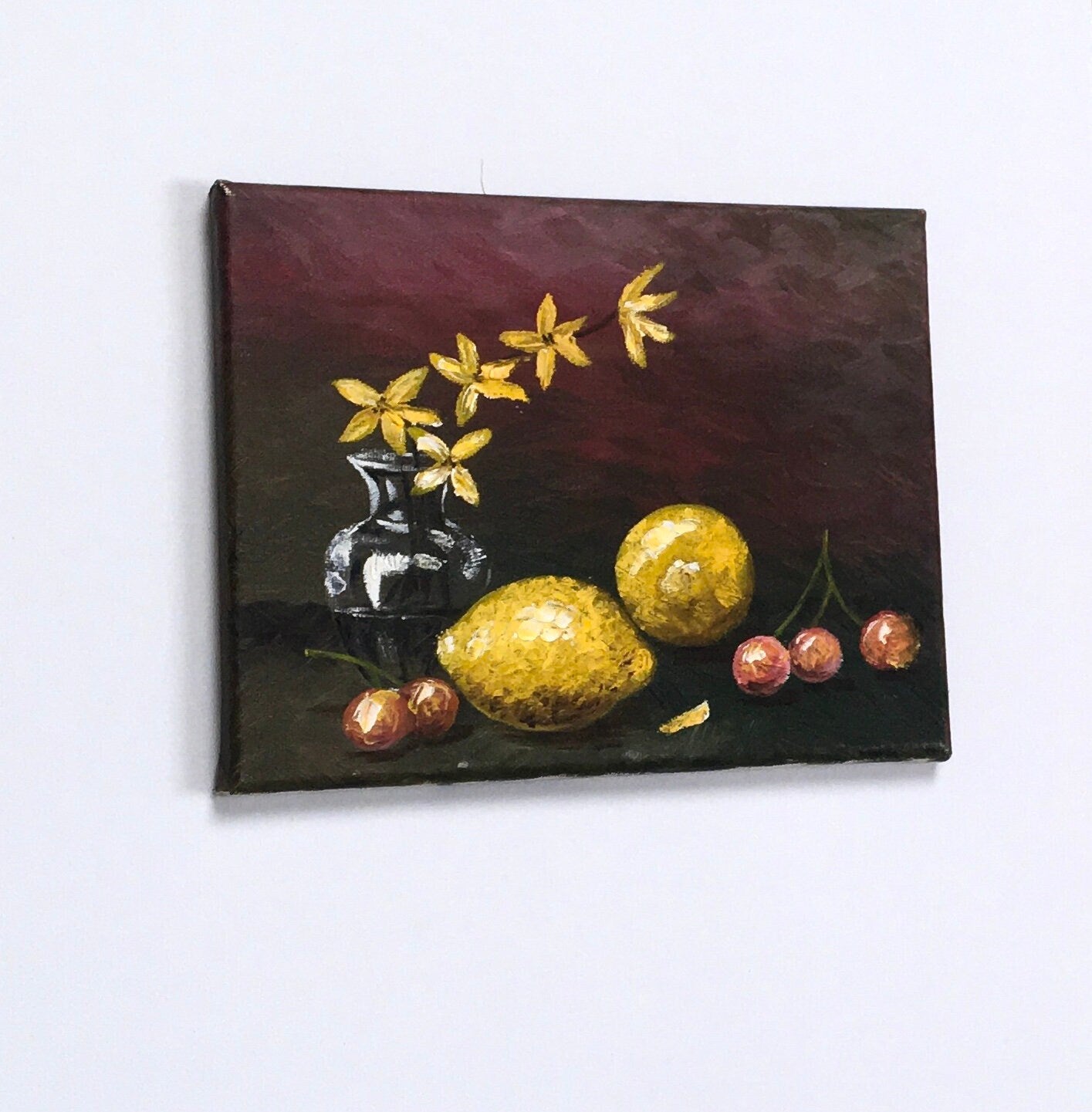 Original oil painting art Lemons cherries kitchen food wall hanging