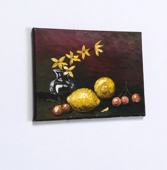 Original oil painting art Lemons cherries kitchen food wall hanging