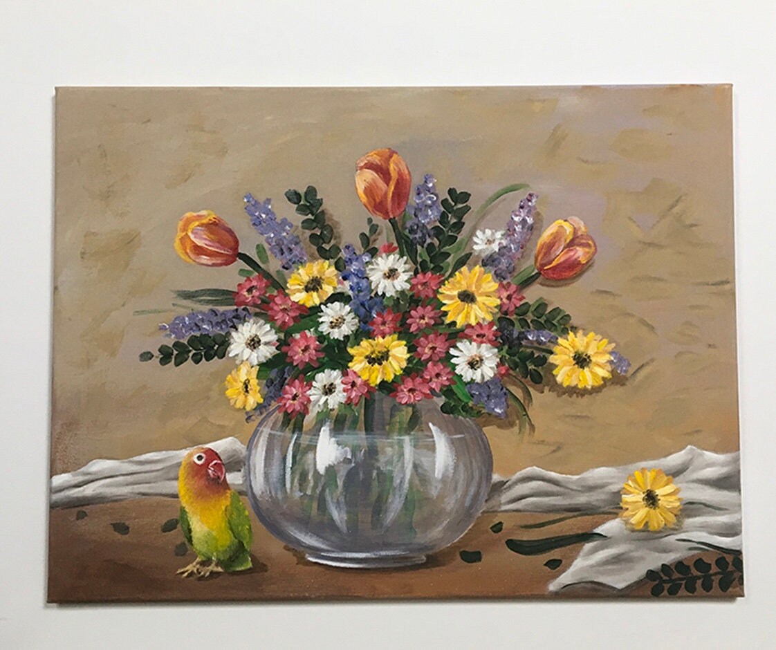 Original oil painting lovebird with flowers art ready ooak wall hanging gift