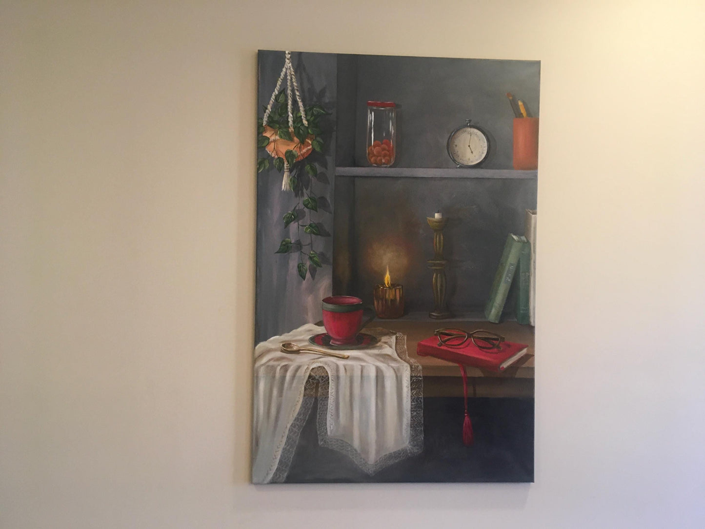 36x24 inches corner shelf Original oil painting still life art wall hanging