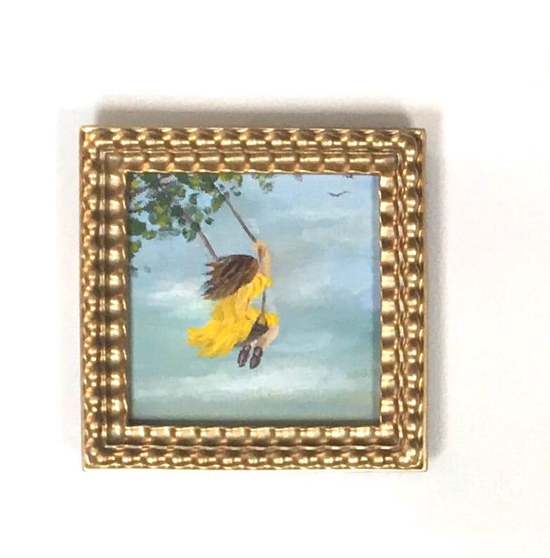 Girl swing 4x4 inches Original oil painting art wall hanging or on desk