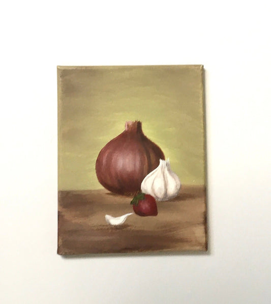 Original oil painting art onion garlic with a strawberry kitchen food wall hanging