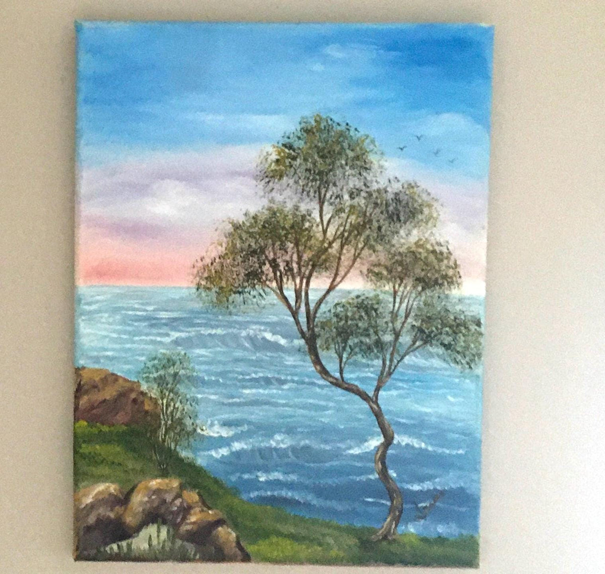 Landscape tree seascape 14x11 inches Original oil painting ocean art wall hanging