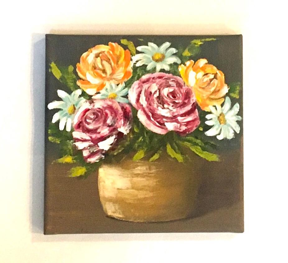 Original oil painting 8x8 inches flower vase art ready ooak wall hanging gift