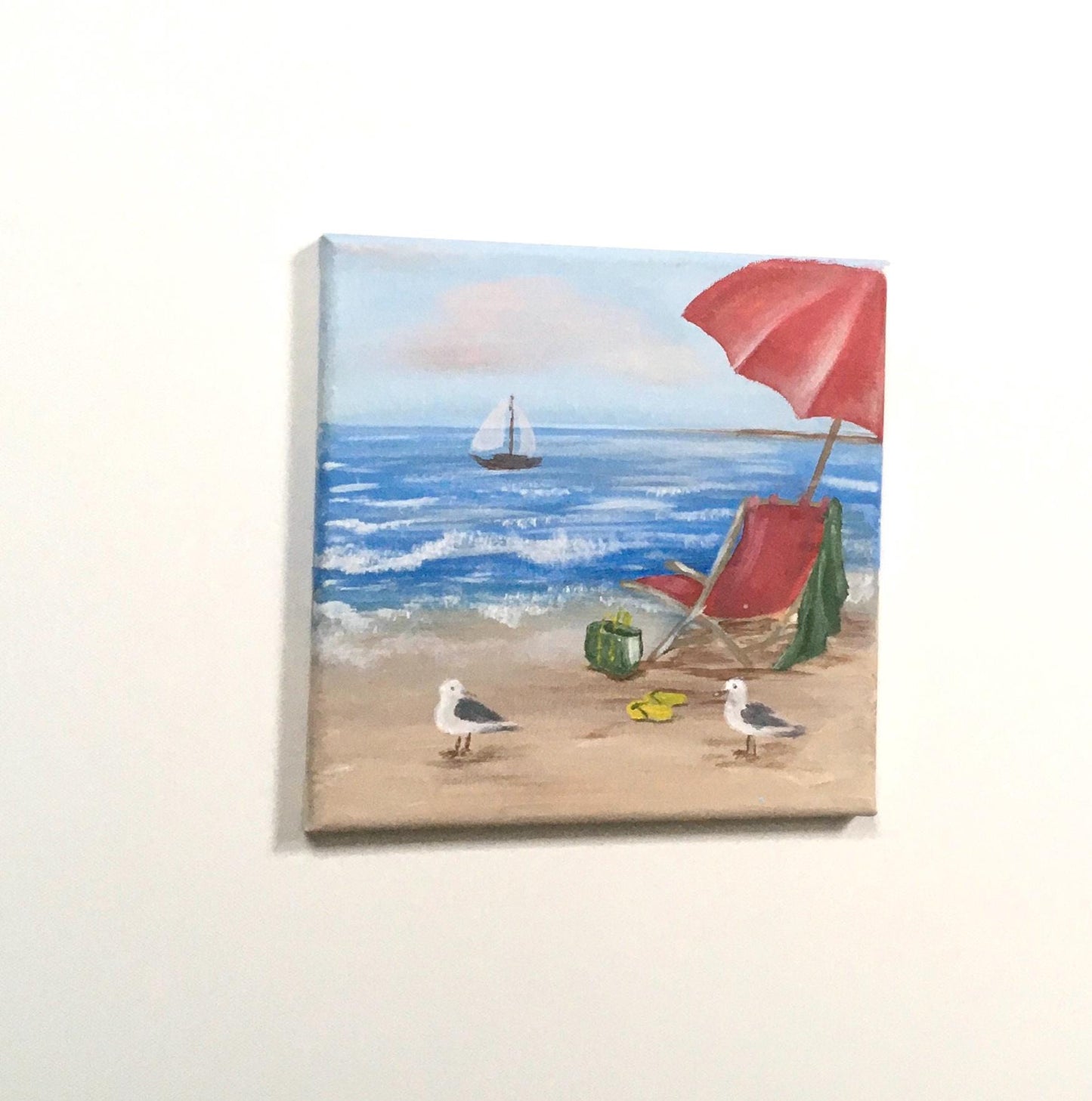 Original oil painting ocean beach birds art ready ooak wall hanging gift
