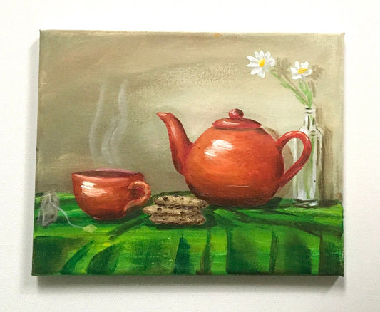 Tea time Original oil painting still life art wall hanging ooak red tea set with cookies
