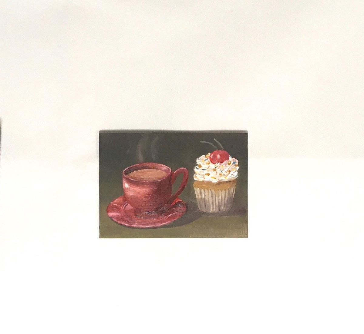 Framed Original 5x7 inches oil painting cupcake teacup small canvas board art