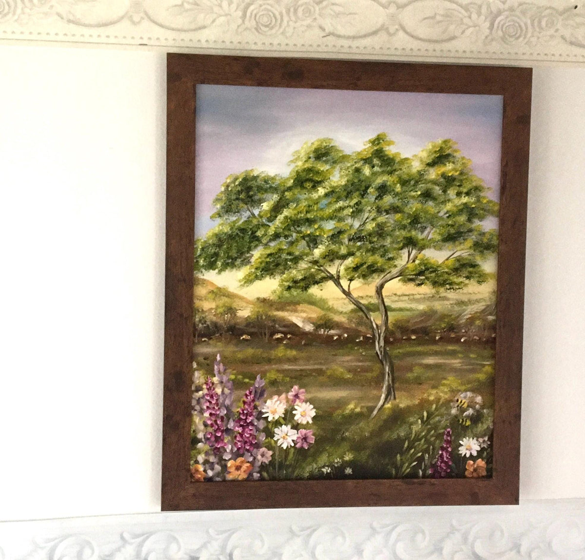 Landscape tree flowers Original oil painting art wall hanging
