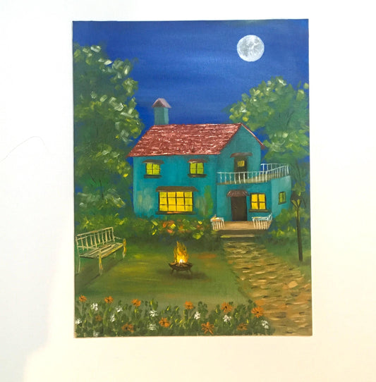 Full moon night house cozy home fire Original oil painting art wall hanging