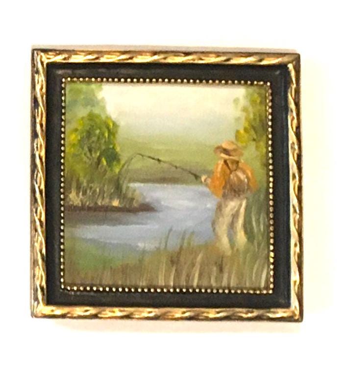 Man fishing Landscape Original oil painting art wall hanging or on desk