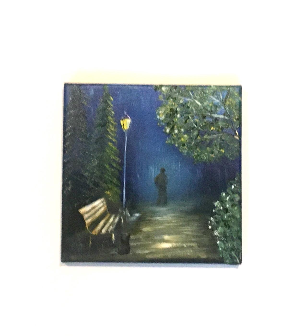 Original oil painting 8x8 inches rainy night cat person art ready ooak wall hanging gift