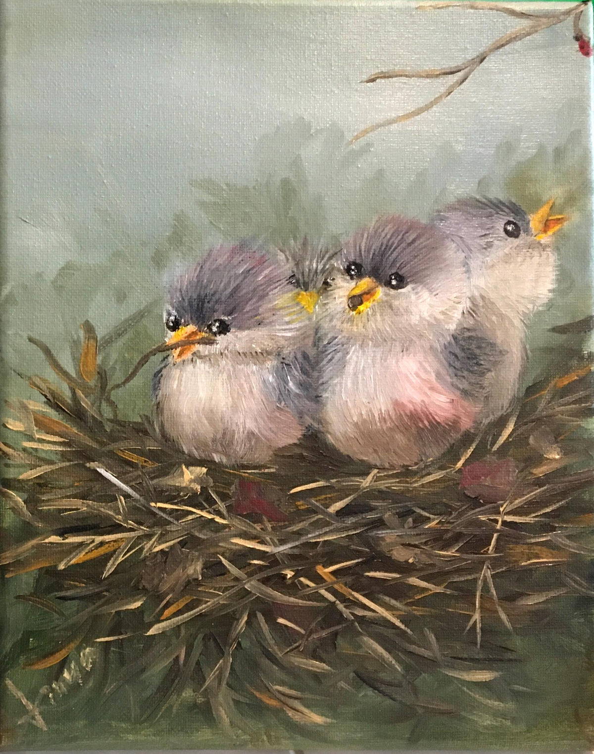 Original oil painting baby birds in a nest art ready ooak wall hanging gift