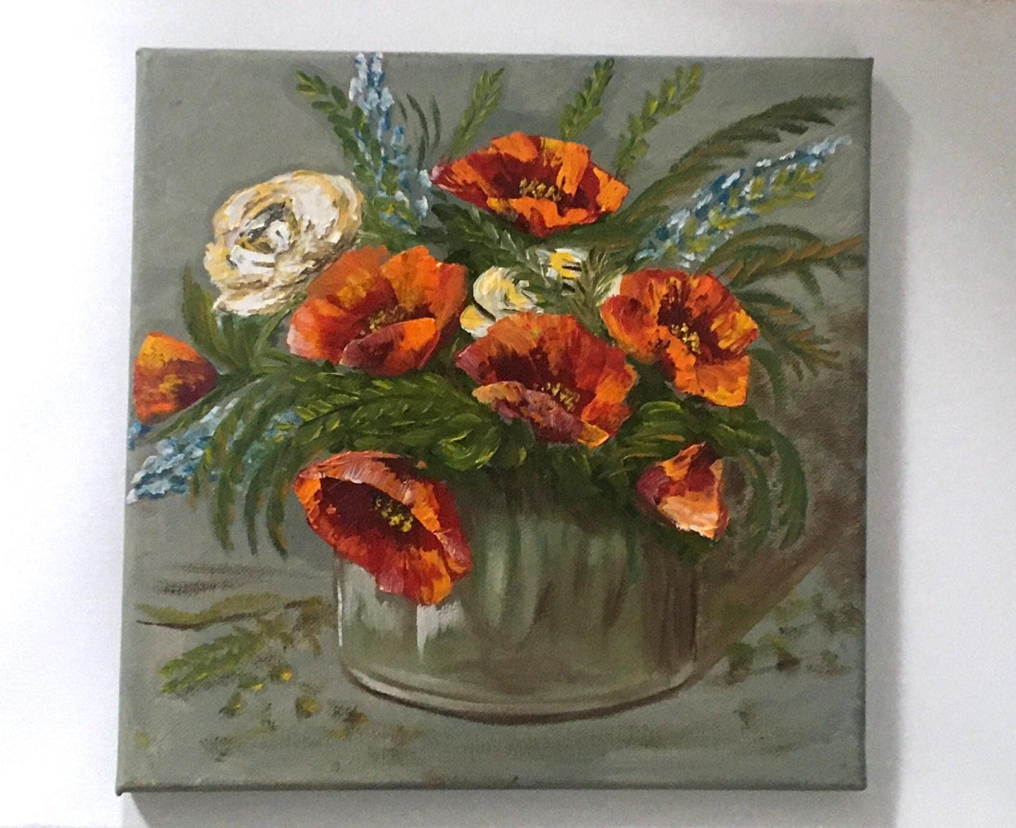 10x10 Original oil painting red flowers in a vase art ready ooak wall hanging gift