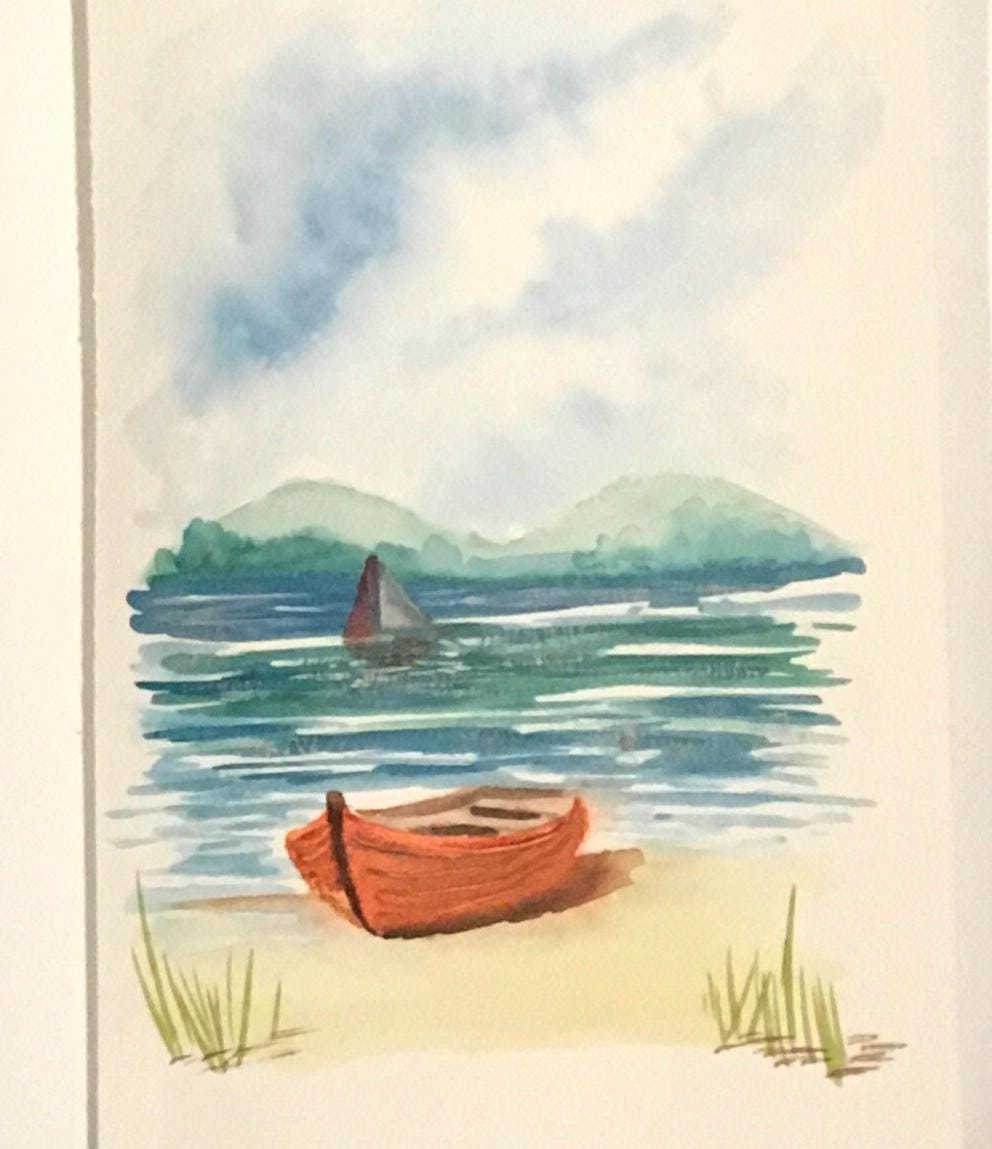 Seascape red boat 7x10 inches Original painting watercolor (not print)