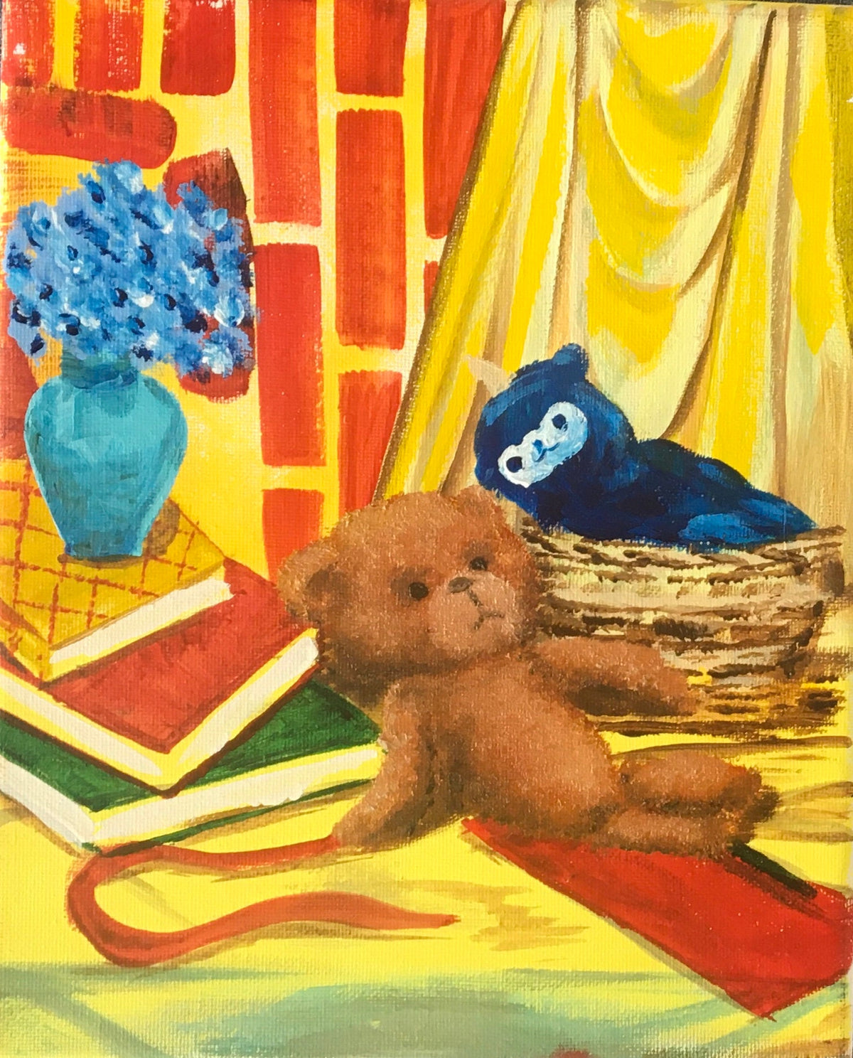 Original oil painting nursery art child room kid teddy bear toy wall hanging