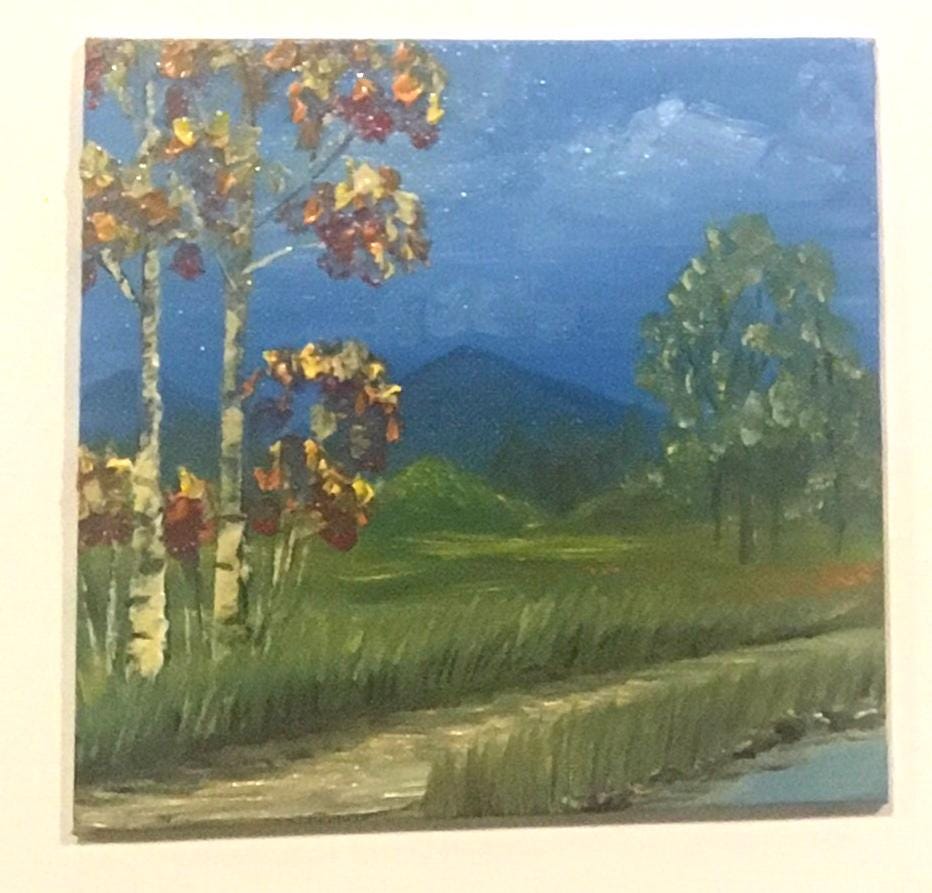 Original 6x6 inches oil painting landscape mountain trees small canvas art