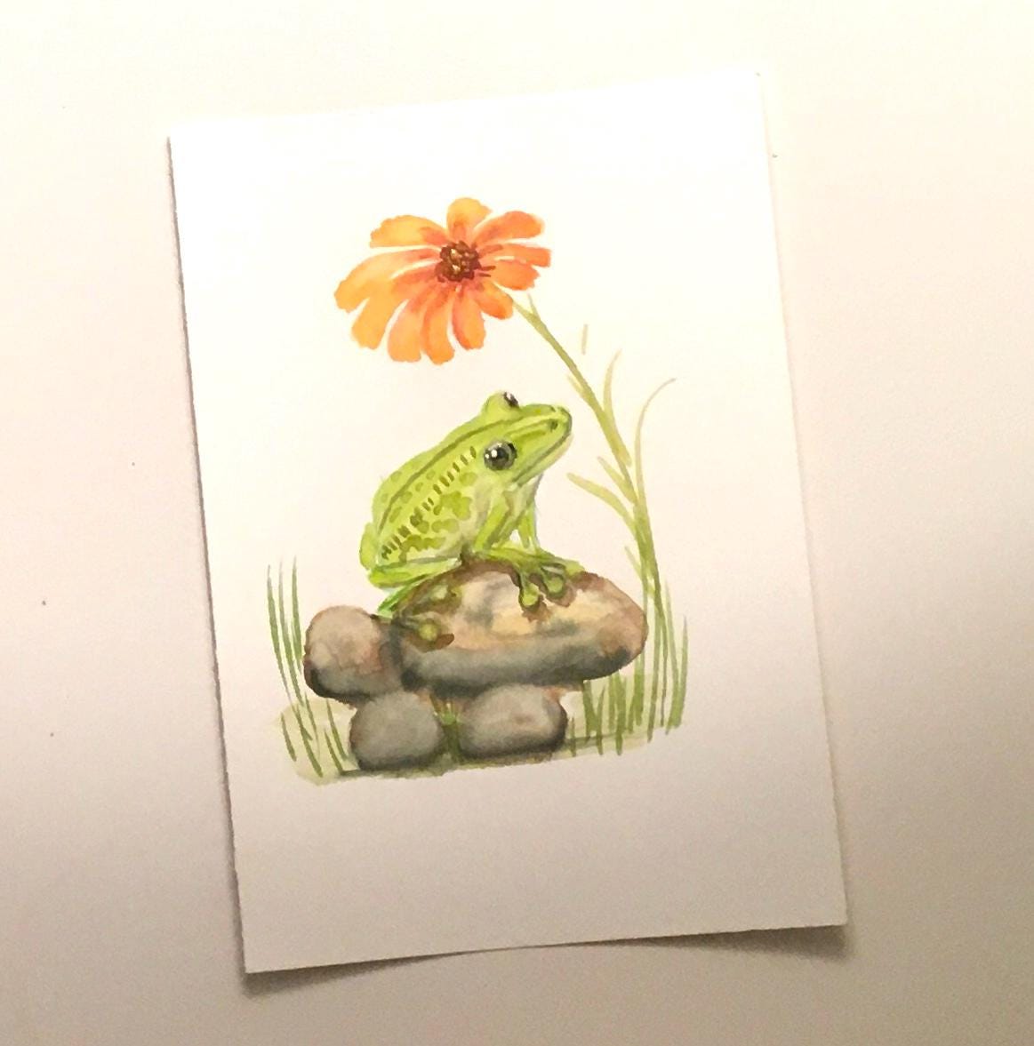 Frog on rocks under flower 7x10 inches Original painting watercolor art (not print)